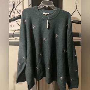 NWT Madewell teal sweater embroidered flowers 3x